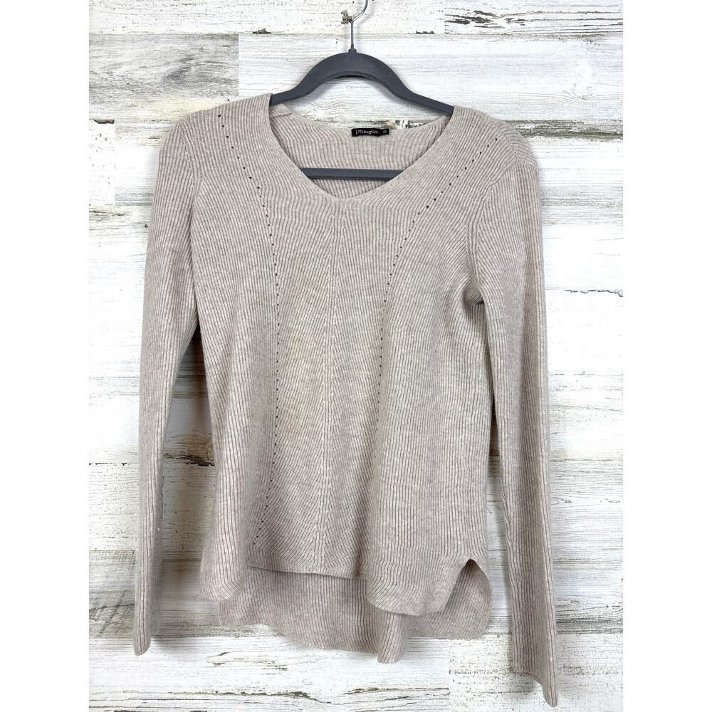 J. McLaughlin Womens XS Beige Merino Wool Knit V Neck Long Sleeve Soft Sweater